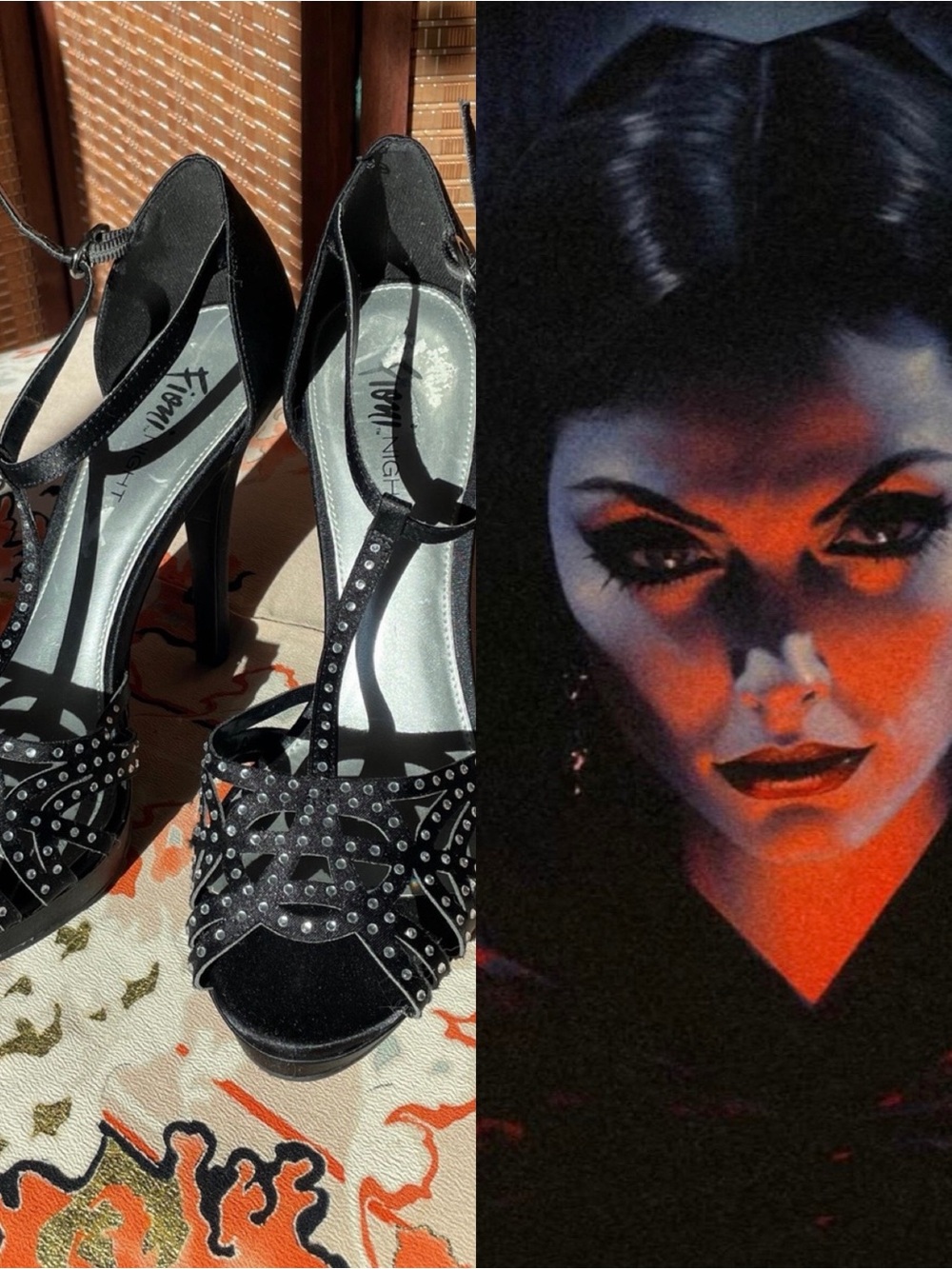 ♥️ Fioni Night T-strap studded satin heels in black and silver